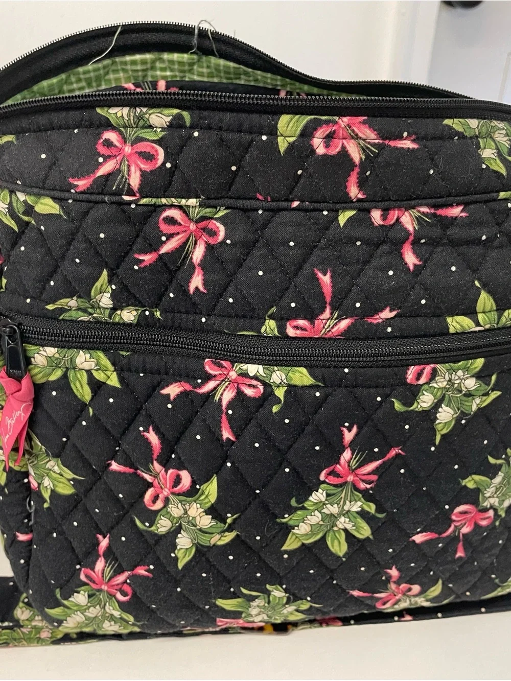 Vera Bradley Black Quilted Cosmetic Bag with Pink Ribbon Floral Print